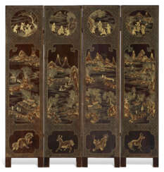 A GILT-DECORATED BLACK LACQUER FOUR-PANEL FOLDING SCREEN