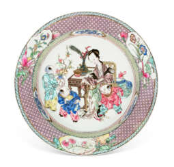 A FAMILLE ROSE &#39;EGGSHELL&#39; RUBY-BACK &#39;LADY AND CHILDREN&#39; DISH