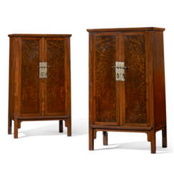 A PAIR OF BURL-INSET HUANGHUALI TAPERED CABINETS