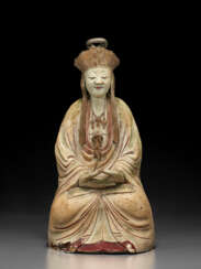 A RARE LARGE PAINTED AND WHITE-GLAZED BISCUIT FIGURE OF A SEATED BODHISATTVA