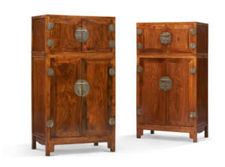 A PAIR OF HUANGHUALI MINIATURE COMPOUND CABINETS AND HAT CHESTS