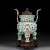 A LARGE FAMILLE ROSE TURQUOISE-GROUND TRIPOD CENSER - photo 1