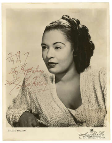 Gelatin silver publicity portrait, signed and inscribed, ‘For Dr T, Stay Happy always, Billie Holiday’ - photo 1