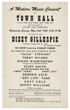 Rare concert handbill for Dizzy Gillespie and ‘His Sextet featuring Charley [sic] Parker’ at Town Hall, New York, Wednesday 16 May 1945 - photo 1