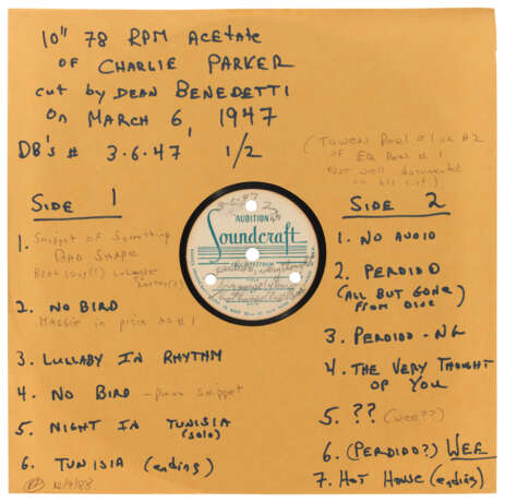 Six original acetate recordings of live performances by Charlie Parker, recorded by Dean Benedetti in Los Angeles, 1947, and used in the production of the Mosaic Records box set The Complete Dean Benedetti Recordings of Charlie Parker, released in 1990 - фото 10