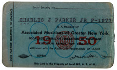 Charlie Parker&#39;s 1950 union membership card for the Associated Musicians of Greater New York