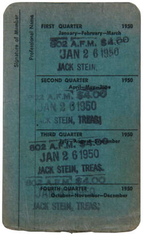 Charlie Parker`s 1950 union membership card for the Associated Musicians of Greater New York - photo 2