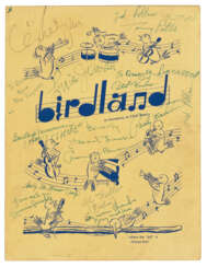 Printed menu card for legendary New York jazz club Birdland, c.1950, signed and inscribed in green ink on the front cover by Charlie Parker ‘To Beverly, Good Luck, Charlie Parker’