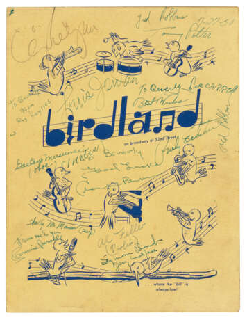Printed menu card for legendary New York jazz club Birdland, c.1950, signed and inscribed in green ink on the front cover by Charlie Parker ‘To Beverly, Good Luck, Charlie Parker’ - фото 1
