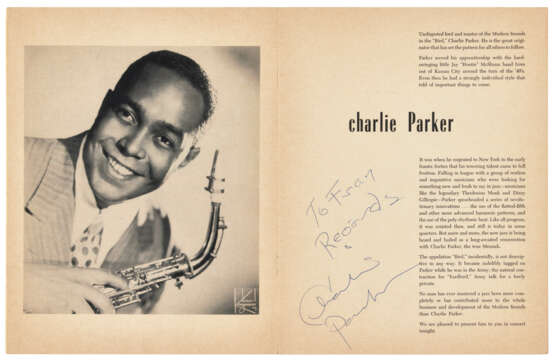 Concert programme for Just Jazz, Gene Norman’s series of jazz concerts featuring the Charlie Parker Quintet, the Dave Brubeck Quartet, with Chet Baker and Shelly Manne, c.1953, signed and inscribed by Charlie Parker - фото 1