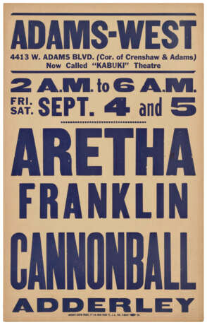 Boxing style silkscreen concert poster for a performance by the Miles Davis Quintet and Aretha Franklin at Adams-West theatre, Los Angeles, 11-12 September 1964 - photo 2