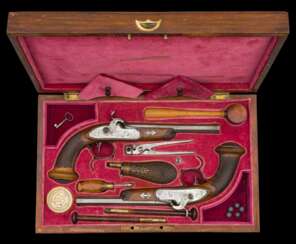 Ein Paar Perkussions-Pistolen von Jourjon im Kasten, Rennes/Frankreich um 1840