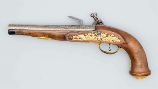 Steinschlosspistole mit feuervergoldeten Beschlägen Ende 18.Jahrhundert - Foto 2