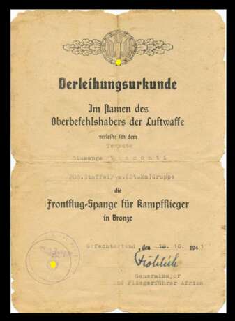Urkunde zur Frontflugspange für Kampfflieger in Bronze - photo 1