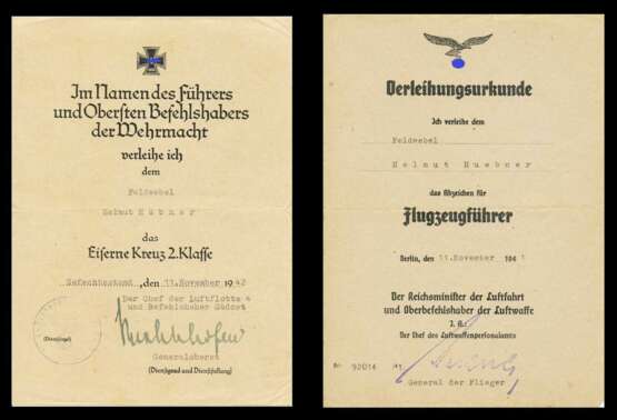 Urkundengruppe des Flugzeugführers Ofw. Hübner bei der Luftflotte 4 mit Autografen von Richthofen, Berger und Stumpff - Foto 2