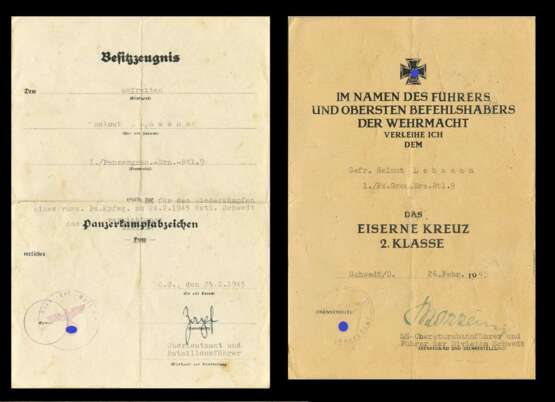Urkundengruppe des Gefreiten Lehmann zum Panzervernichtungsabzeichen mit Autograf Skorzeny - photo 1