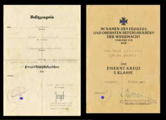 Urkundengruppe des Gefreiten Lehmann zum Panzervernichtungsabzeichen mit Autograf Skorzeny