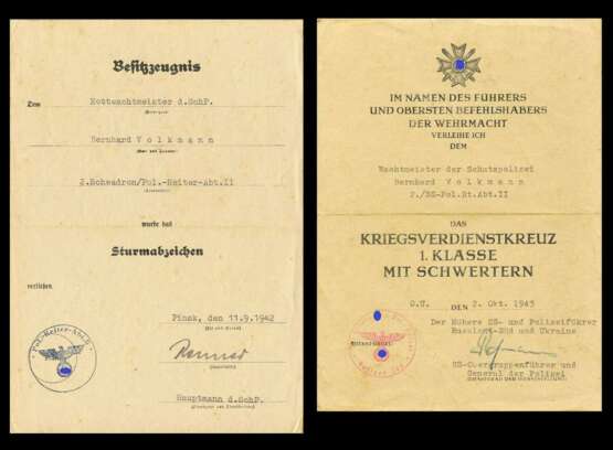 Urkundengruppe des Wachtmeisters Volkmann mit Autograf SS-General Prützmann - photo 1