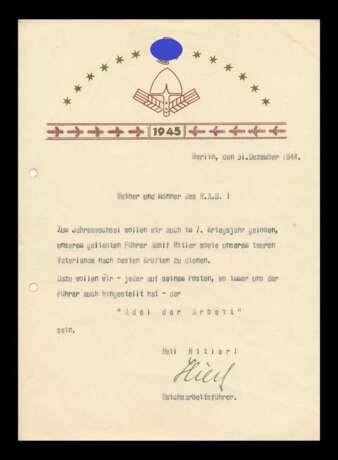 Autograf Hierl als RAD Führer auf Befehl für das 7. Kriegsjahr im Dezember 1944 - фото 1