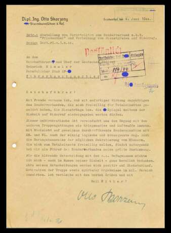 Schreiben von Otto Skorzeny an den Reichsführer-SS mit Unterschrift und der Paraphe Himmler - фото 1