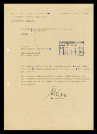 Schriftstück vom Inspekteur der Konzentrationslager zu Fritz Suhren mit Autograf Richard Glücks - photo 1