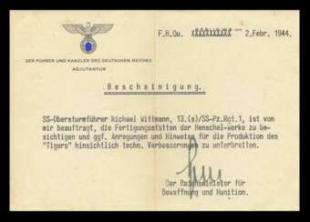 Schriftstück vom Reichsminister für Bewaffnung und Munition Albert Speer an Michael Wittmann mit Autograf