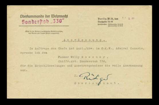 Urkundengruppe des Funkers Rösner im Chiffrier-Abt. Sonderstab 330 mit Autograf des Admiral Wilhelm Canaris - Foto 2