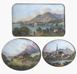 "Ansicht von Schloss Tegernsee", "St. Sixtus am Schliersee" und "Almhütte"