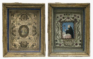 Zwei Klosterarbeiten "Hl. Aloysius" und "Muttergottes mit Kind und Engeln"