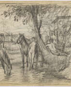 Hans von Marees. Hans von Marées. Zwei Frauen mit Pferden im flachen Waser, rechts eine liegende Frau in Rückenansicht.