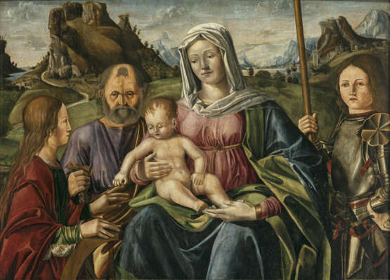Vincenzo dalle Destre (V. da Treviso) war tätig in Treviso und Venedig. Die Heilige Familie mit dem Christuskind, das der Hl. Katharina den Verlobungsring an den Finger steckt. - фото 1