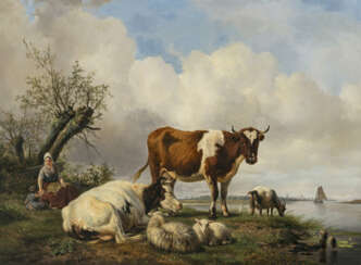 Hendrikus van de Sande Bakhuyzen. Junge Hirtin mit ihrem Kind und Vieh am Wasser