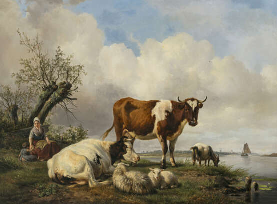 Hendrikus van de Sande Bakhuyzen. Junge Hirtin mit ihrem Kind und Vieh am Wasser - photo 1
