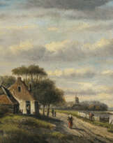 Simon van den Berg. Niederländische Flusslandschaft mit Figurenstaffage