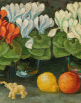 Rudolf Bartels. Stillleben mit Alpenveilchen, Zitrusfrüchten und Elefantenfigur