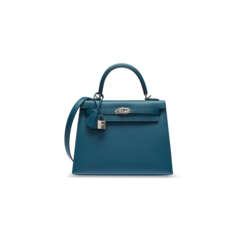 A LIMITED EDITION VERT BOSPHORE &amp; BLEU ORAGE MADAME LEATHER VERSO SELLIER KELLY 25 WITH PALLADIUM HARDWARE
