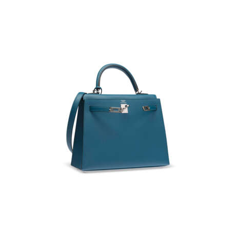A LIMITED EDITION VERT BOSPHORE & BLEU ORAGE MADAME LEATHER VERSO SELLIER KELLY 25 WITH PALLADIUM HARDWARE - Foto 2