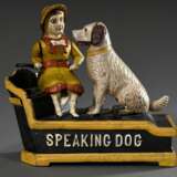 Mechanische Bank "Speaking Dog", Gusseisen, bemalt, USA, wohl 1. Hälfte 20.Jh., 18x19,5x7,8cm, funktionstüchtig, Alters- und Gebrauchsspuren - Foto 1