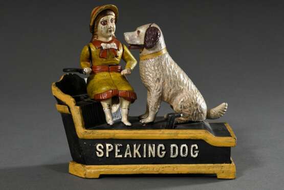 Mechanische Bank "Speaking Dog", Gusseisen, bemalt, USA, wohl 1. Hälfte 20.Jh., 18x19,5x7,8cm, funktionstüchtig, Alters- und Gebrauchsspuren - Foto 1