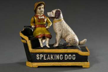 Mechanische Bank "Speaking Dog", Gusseisen, bemalt, USA, wohl 1. Hälfte 20.Jh., 18x19,5x7,8cm, funktionstüchtig, Alters- und Gebrauchsspuren