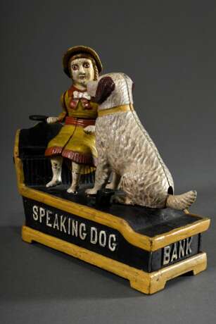 Mechanische Bank "Speaking Dog", Gusseisen, bemalt, USA, wohl 1. Hälfte 20.Jh., 18x19,5x7,8cm, funktionstüchtig, Alters- und Gebrauchsspuren - photo 2