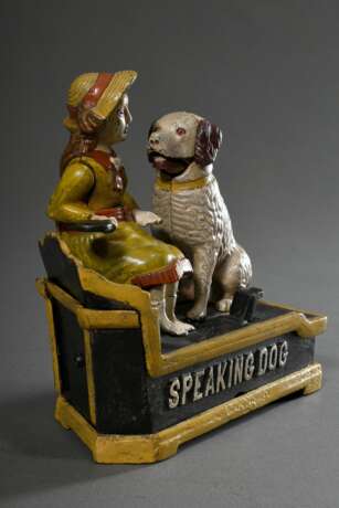 Mechanische Bank "Speaking Dog", Gusseisen, bemalt, USA, wohl 1. Hälfte 20.Jh., 18x19,5x7,8cm, funktionstüchtig, Alters- und Gebrauchsspuren - Foto 3