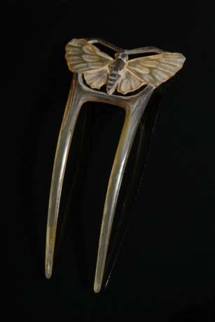 Jugendstil Haarkamm "Motte", partiell bemaltes Horn, wohl Frankreich um 1900, 5,5g, 11,3x5,7cm - Foto 1
