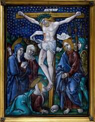 Limoges Plakette „Christus am Kreuz“, Werkstatt Pierre Reymond (1513-1584) nach A. Dürer "Kleine Passion", Emaille/Kupfer, Limoges 16.Jh., 12,5x9,7cm (in Samt Rahmung 19x19cm), feiner Riss, seit 1985 Slg. Walter Vonficht/Allgäu