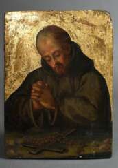 Tafelbild "Mönch mit Kreuz und Rosenkranz beim Gebet", 18.Jh., Eitempera auf Kreidegrund/Holz, vergoldet, 40x29,3cm, Fehlstelle o.r. Ecke, Altersspuren, rest.