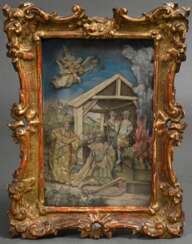Klosterarbeit Diorama "König David beim Opfergang", Collage (Papier, Stoff), Italien 18.Jh., Originale Prunkrahmung (Defekte), 25x16,5cm (m.R. 27x35cm), Altersspuren