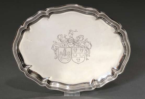 Ovales Silber Tablett mit Chippendale Rand und Allianzwappen, Wilkens, Silber 830, 341g, 30,5x24cm - Foto 1