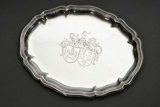 Ovales Silber Tablett mit Chippendale Rand und Allianzwappen, Wilkens, Silber 830, 341g, 30,5x24cm - Foto 5