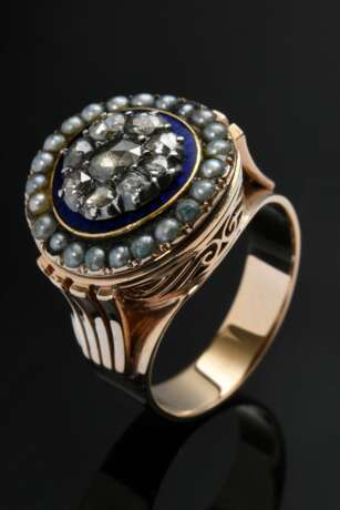 Gelbgold 585 Ring mit antikem Ringkopf aus blau emaillierter Platte mit Diamantrosen Rosette in Saatperlen Lunette, 9,3g, Gr. 57, Mariage - фото 1