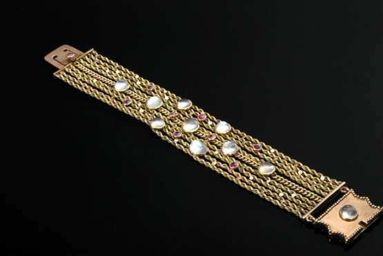 Mehrreihiges Gelbgold 585 Armband mit Mondsteinen und Rubinen sowie Rotgold 750 Schließe, 36,9g, L. 17,5cm - фото 3